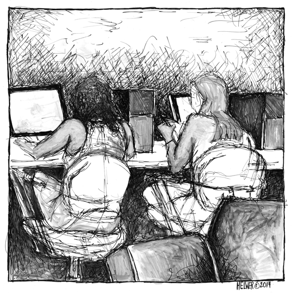 LIBRARY DRAWING, 01-19-14. (black and white India ink on paper)