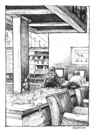 LIBRARY DRAWING, 01-23-14. (black and white India ink on paper)