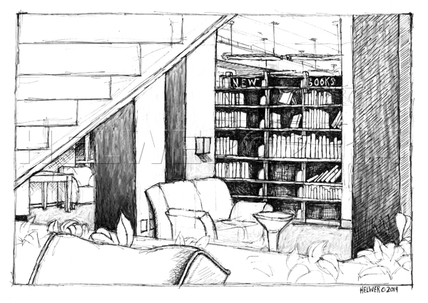NEW BOOKS (LIBRARY DRAWING, 01-26-14). (black and white India ink on paper)