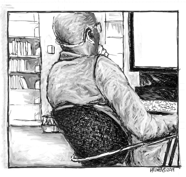 LIBRARY DRAWING, 02-23-14. (uni-ball ballpoint, PITT artist pen on paper)