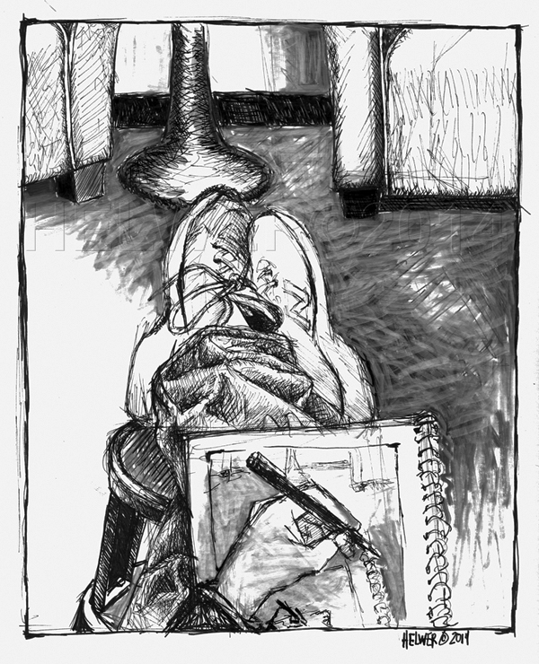 LIBRARY DRAWING, 03-09-14. (uni-ball ballpoint, PITT artist pen on paper)