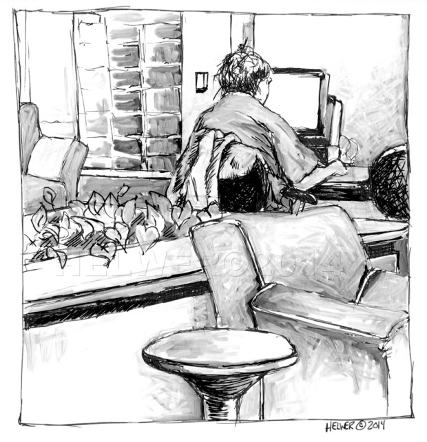 LIBRARY DRAWING, 03-02-14. (uni-ball ballpoint, PITT artist pen on paper)