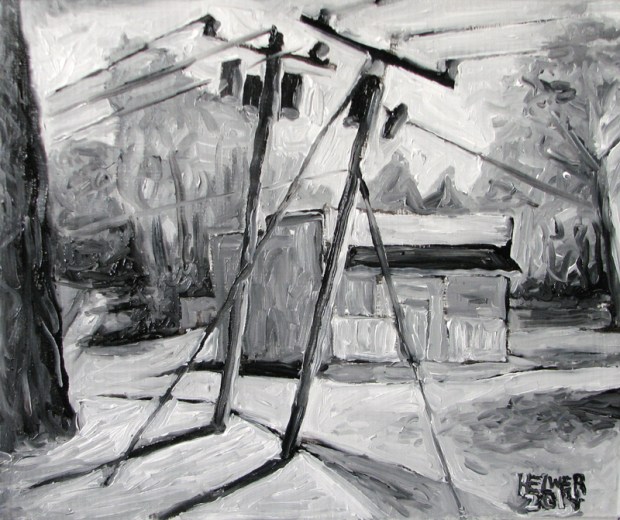 GUN SHOP. (oil on shoe box lid, 13" x 11")