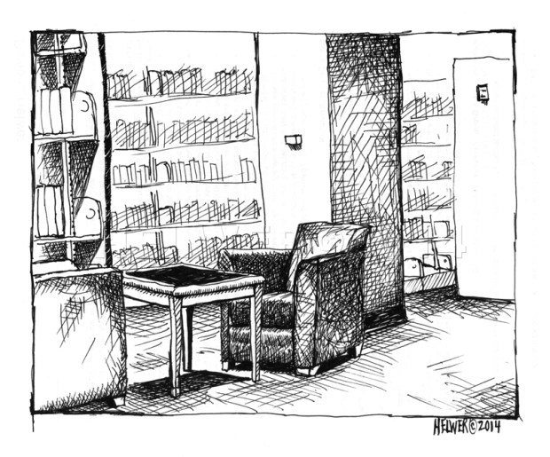 WAITING FOR A SHORT CONVERSATION. (library drawing, James B. Duke Memorial Library) (uni-ball ballpoint pen on resume copy, posterior)