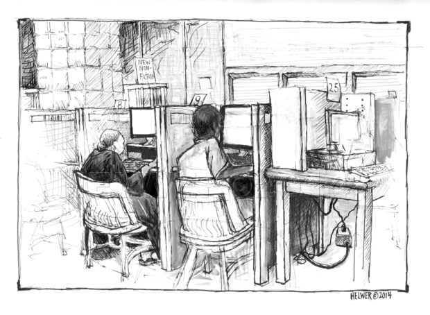 GWINNETT COUNTY LIBRARY, 2 PATRONS, LAWRENCEVILLE, GA. (uni-ball ballpoint pen, PITT artist pen on paper)