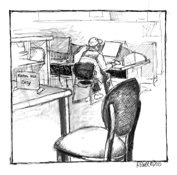 A VIEW FROM THE READING AREA (LIBRARY DRAWING) uni-ball ballpoint, PITT artist pen on paper.