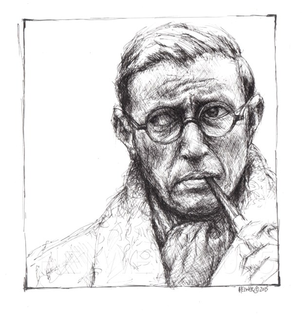 SARTRE. uni-ball ballpoint, PITT artist pen on paper.