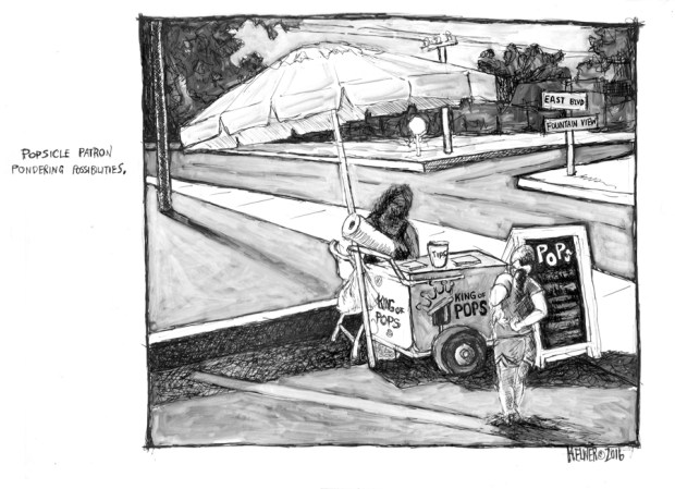 POPSICLE PATRON PONDERS POSSIBILITIES. Ink on paper.