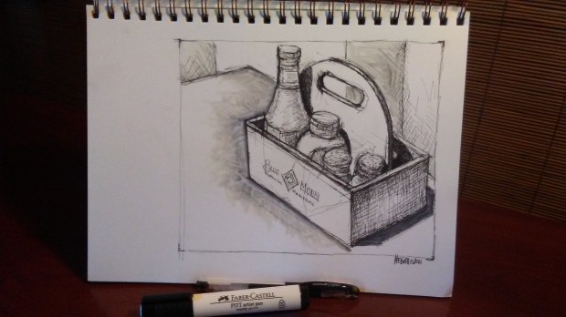 Ketchup, mustard, salt, pepper. Ink on paper.